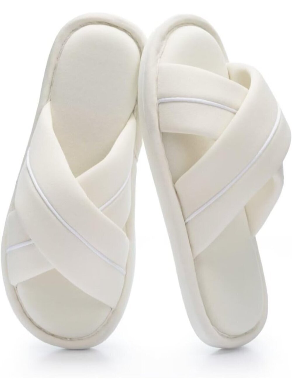 Women's Beige Cross Band Open Toe Slippers With Memory Foam Comfort Cotton Shoes